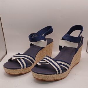 NEW Vivaia Sally Pro Round-Toe Wedge Sandals Tan/Navy/White Women Size 40EU 9US